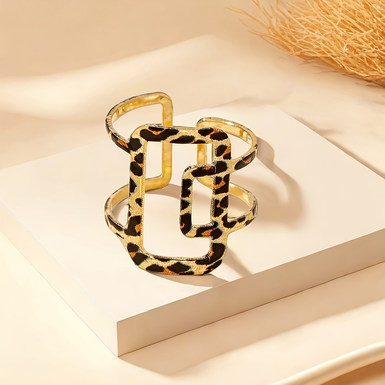 Adjustable Boho Leopard Print Ring Vintage Geometric Square Hollow Iron